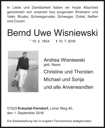 Traueranzeige von Bernd Uwe Wisniewski von Siegener Zeitung