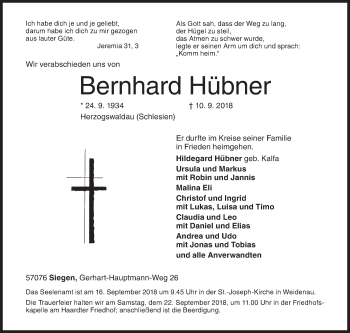 Traueranzeige von Bernhard Hübner von Siegener Zeitung