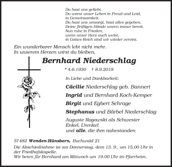 Traueranzeige von Bernhard Niederschlag von Siegener Zeitung