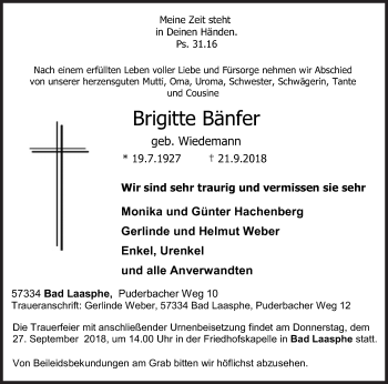 Traueranzeige von Brigitte Bänfer von Siegener Zeitung