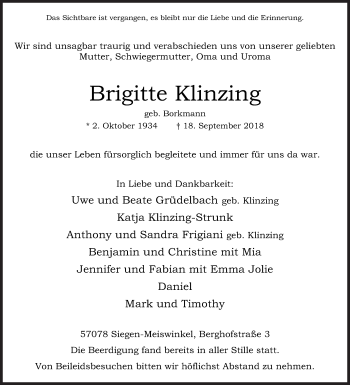 Traueranzeige von Brigitte Klinzing von Siegener Zeitung
