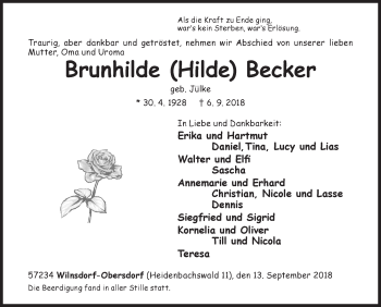 Traueranzeige von Brunhilde Becker von Siegener Zeitung