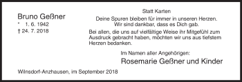 Traueranzeige von Bruno Geßner von Siegener Zeitung