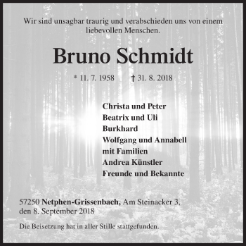 Traueranzeige von Bruno Schmidt von Siegener Zeitung