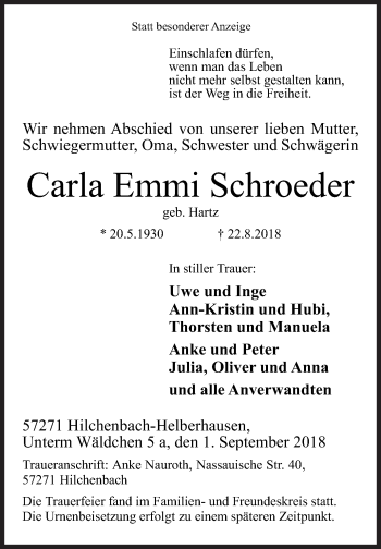 Traueranzeige von Carla Emmi Schroeder von Siegener Zeitung