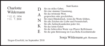 Traueranzeige von Charlotte Wildemann von Siegener Zeitung