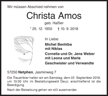Traueranzeige von Christa Amos von Siegener Zeitung