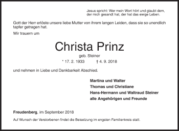 Traueranzeige von Christa Prinz von Siegener Zeitung