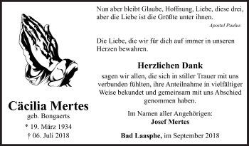 Traueranzeige von Cäcilia Mertes von Siegener Zeitung