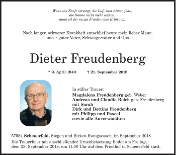 Traueranzeige von Dieter Freudenberg von Siegener Zeitung