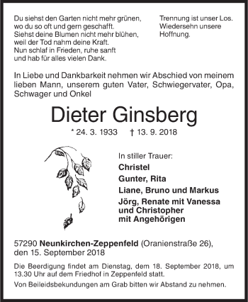 Traueranzeige von Dieter Ginsberg von Siegener Zeitung