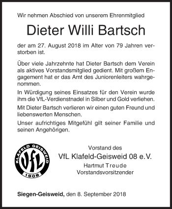 Traueranzeige von Dieter Willi Bartsch von Siegener Zeitung