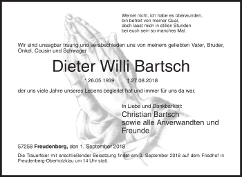 Traueranzeige von Dieter Willi Bartsch von Siegener Zeitung
