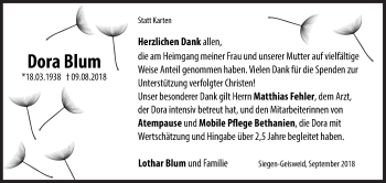 Traueranzeige von Dora Blum von Siegener Zeitung