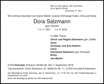 Traueranzeige von Dora Salzmann von Siegener Zeitung