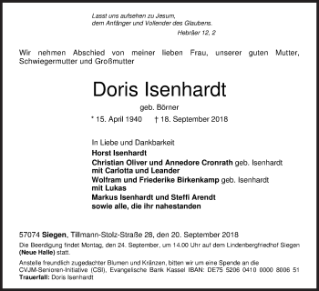 Traueranzeige von Doris Isenhardt von Siegener Zeitung