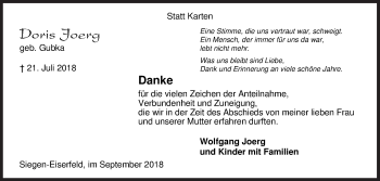 Traueranzeige von Doris Joerg von Siegener Zeitung