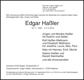 Traueranzeige von Edgar Haßler von Siegener Zeitung