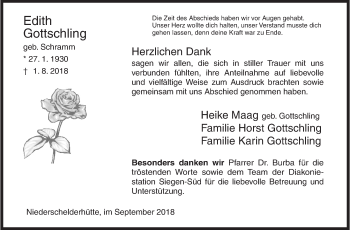 Traueranzeige von Edith Gottschling von Siegener Zeitung