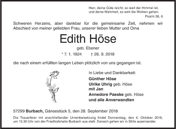 Traueranzeige von Edith Höse von Siegener Zeitung