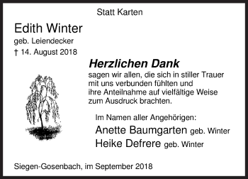 Traueranzeige von Edith Winter von Siegener Zeitung