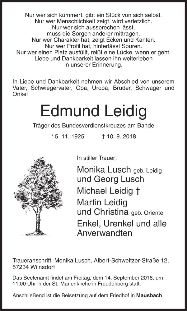  Traueranzeige für Edmund Leidig vom 11.09.2018 aus Siegener Zeitung