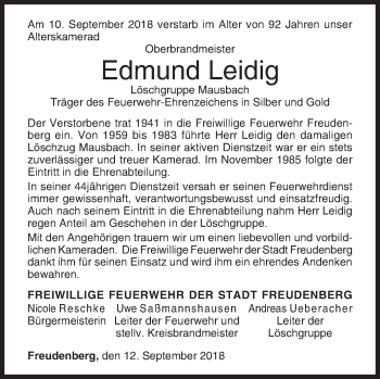 Traueranzeige von Edmund Leidig von Siegener Zeitung
