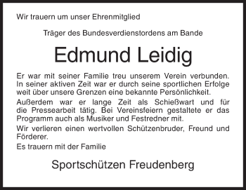 Traueranzeige von Edmund Leidig von Siegener Zeitung