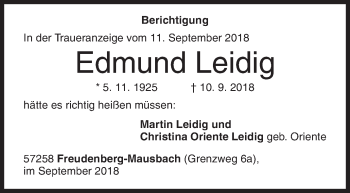 Traueranzeige von Edmund Leidig von Siegener Zeitung