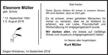 Traueranzeige von Eleonore Müller von Siegener Zeitung