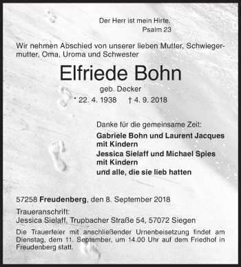 Traueranzeige von Elfriede Bohn von Siegener Zeitung