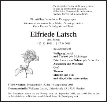 Traueranzeige von Elfriede Latsch von Siegener Zeitung