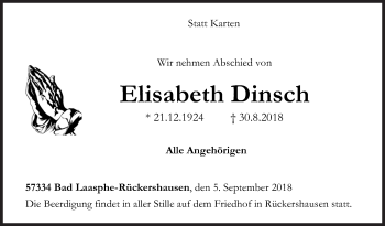Traueranzeige von Elisabeth Dinsch von Siegener Zeitung