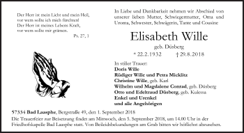 Traueranzeige von Elisabeth Wille von Siegener Zeitung