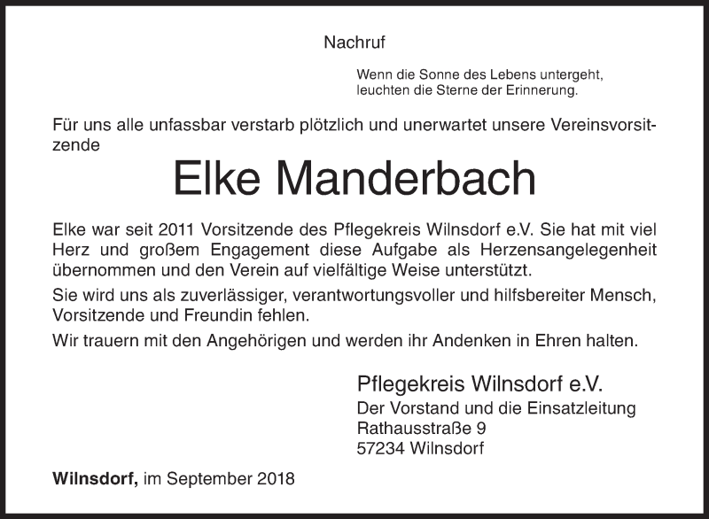  Traueranzeige für Elke Manderbach vom 10.09.2018 aus Siegener Zeitung