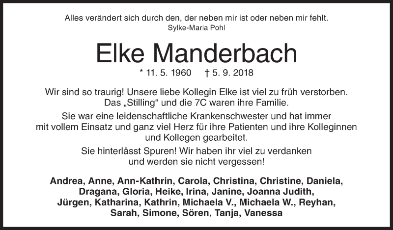  Traueranzeige für Elke Manderbach vom 10.09.2018 aus Siegener Zeitung