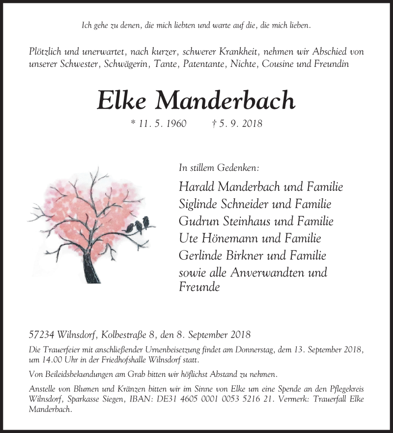 Traueranzeige für Elke Manderbach vom 08.09.2018 aus Siegener Zeitung