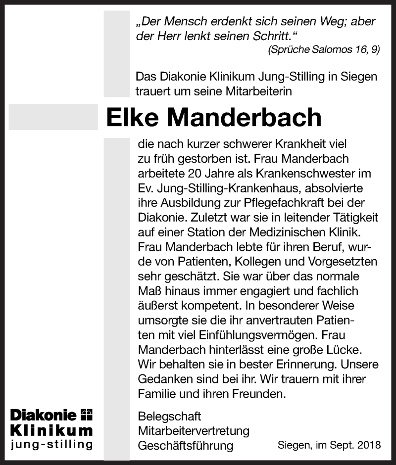 Traueranzeige für Elke Manderbach vom 11.09.2018 aus Siegener Zeitung