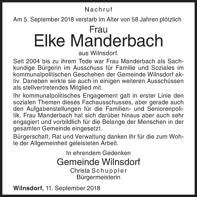  Traueranzeige für Elke Manderbach vom 11.09.2018 aus Siegener Zeitung