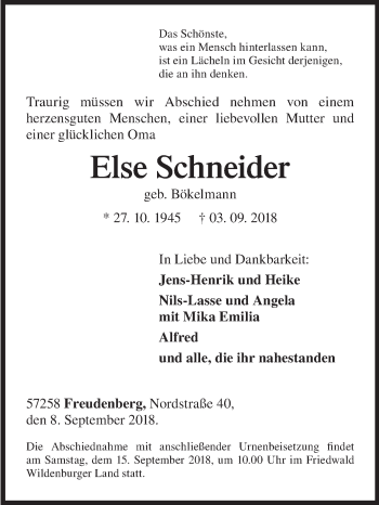 Traueranzeige von Else Schneider von Siegener Zeitung
