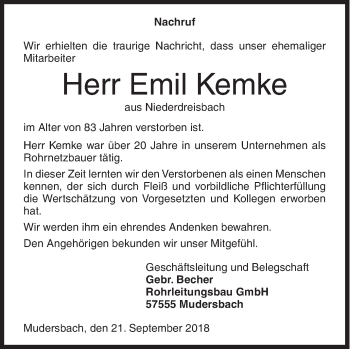 Traueranzeige von Emil Kemke von Siegener Zeitung