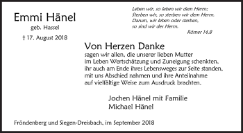 Traueranzeige von Emmi Hänel von Siegener Zeitung