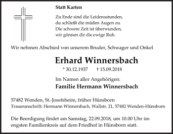 Traueranzeige von Erhard Winnersbach von Siegener Zeitung