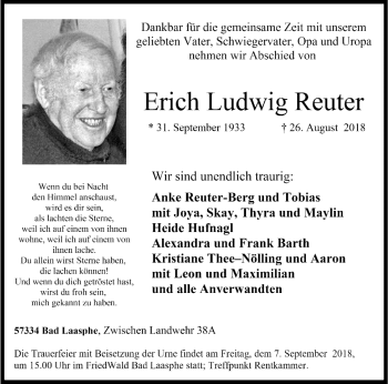Traueranzeige von Erich Ludwig Reuter von Siegener Zeitung