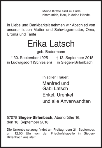 Traueranzeige von Erika Latsch von Siegener Zeitung