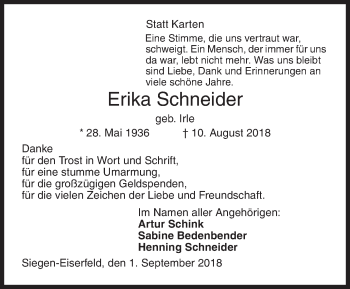 Traueranzeige von Erika Schneider von Siegener Zeitung