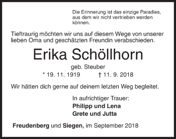 Traueranzeige von Erika Schöllhorn von Siegener Zeitung