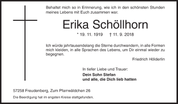 Traueranzeige von Erika Schöllhorn von Siegener Zeitung