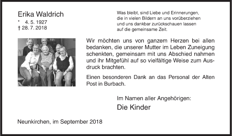  Traueranzeige für Erika Waldrich vom 05.09.2018 aus Siegener Zeitung