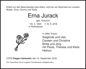 Traueranzeige von Erna Jurack von Siegener Zeitung